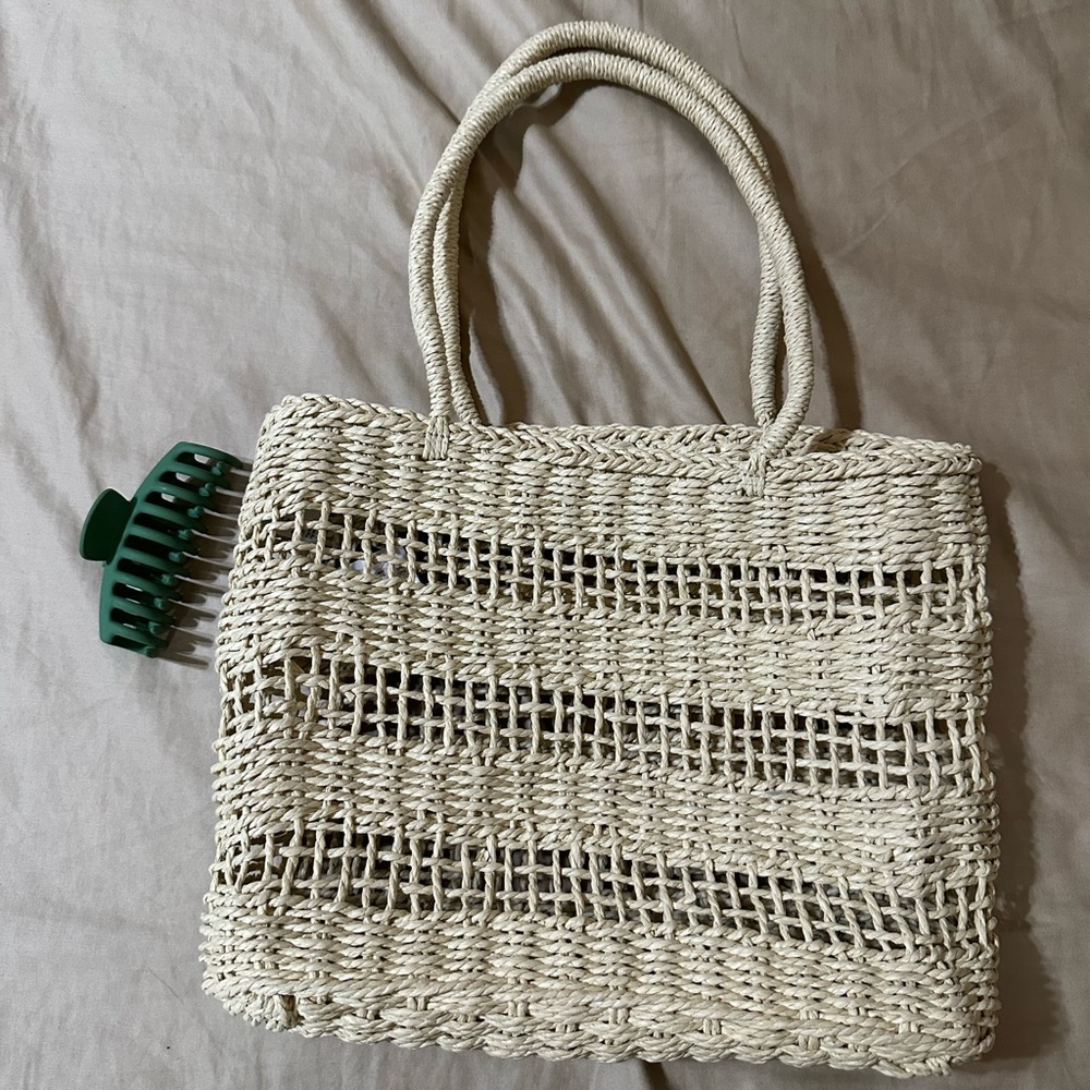 J Crew natural straw tote (hair clip for scale only)